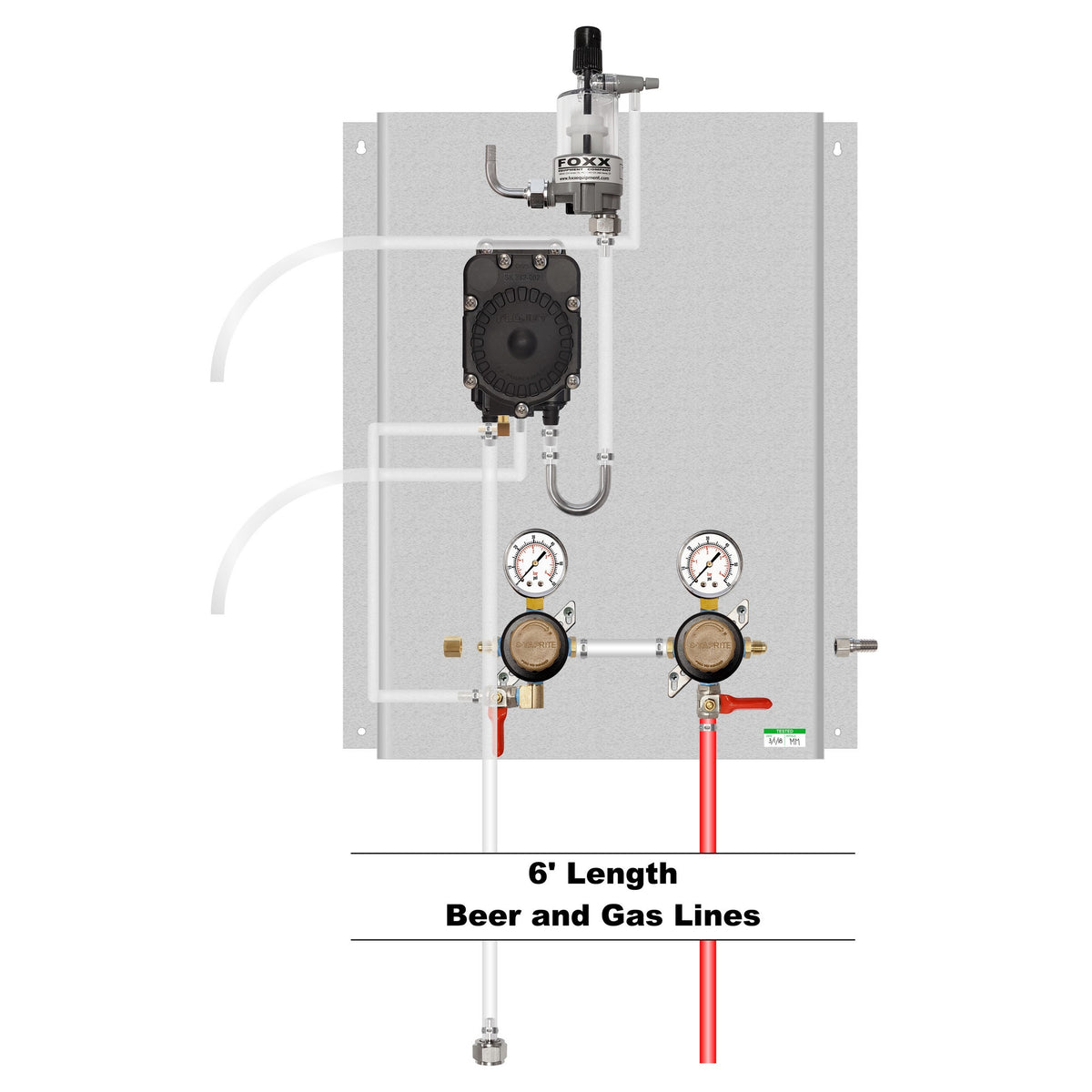 Assembled Panel with Taprite Regulators, 1 Flojet Beer Pump, 1 FOB, Gas & Beer Lines, Fittings