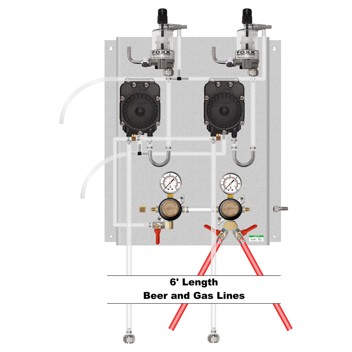 Assembled Panel with Taprite Regulators, 2 Flojet Beer Pumps, 2 FOB, Brackets, Gas & Beer Lines, Fittings