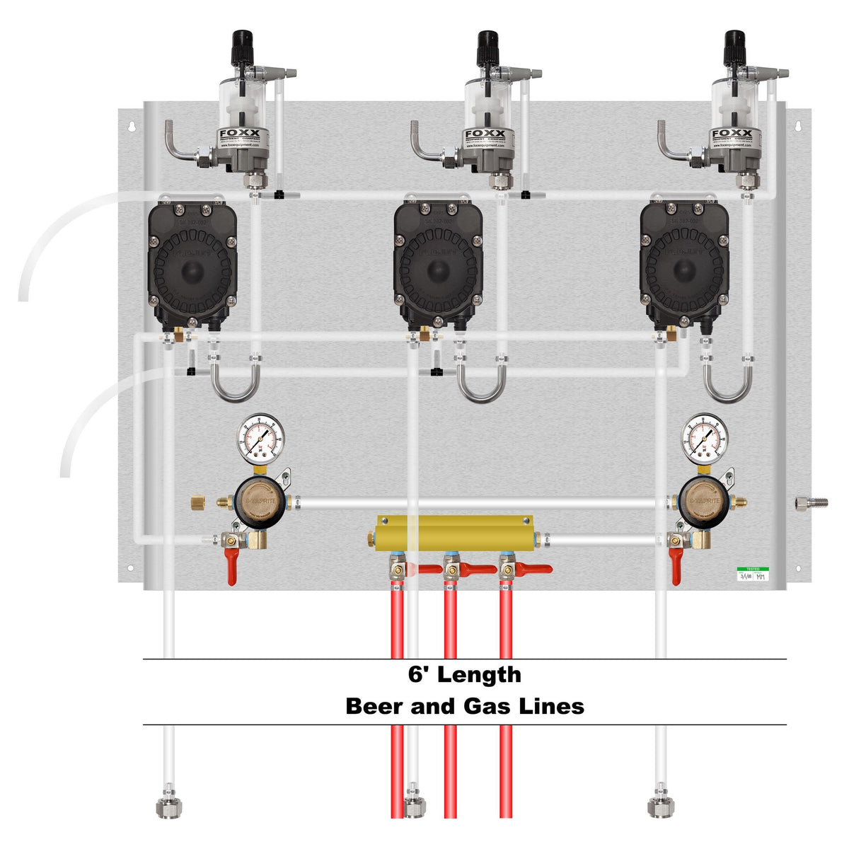 Assembled Panel with Taprite Regulators, 3 Flojet Beer Pumps, 3 FOB, Brackets, Gas & Beer Lines, Fittings