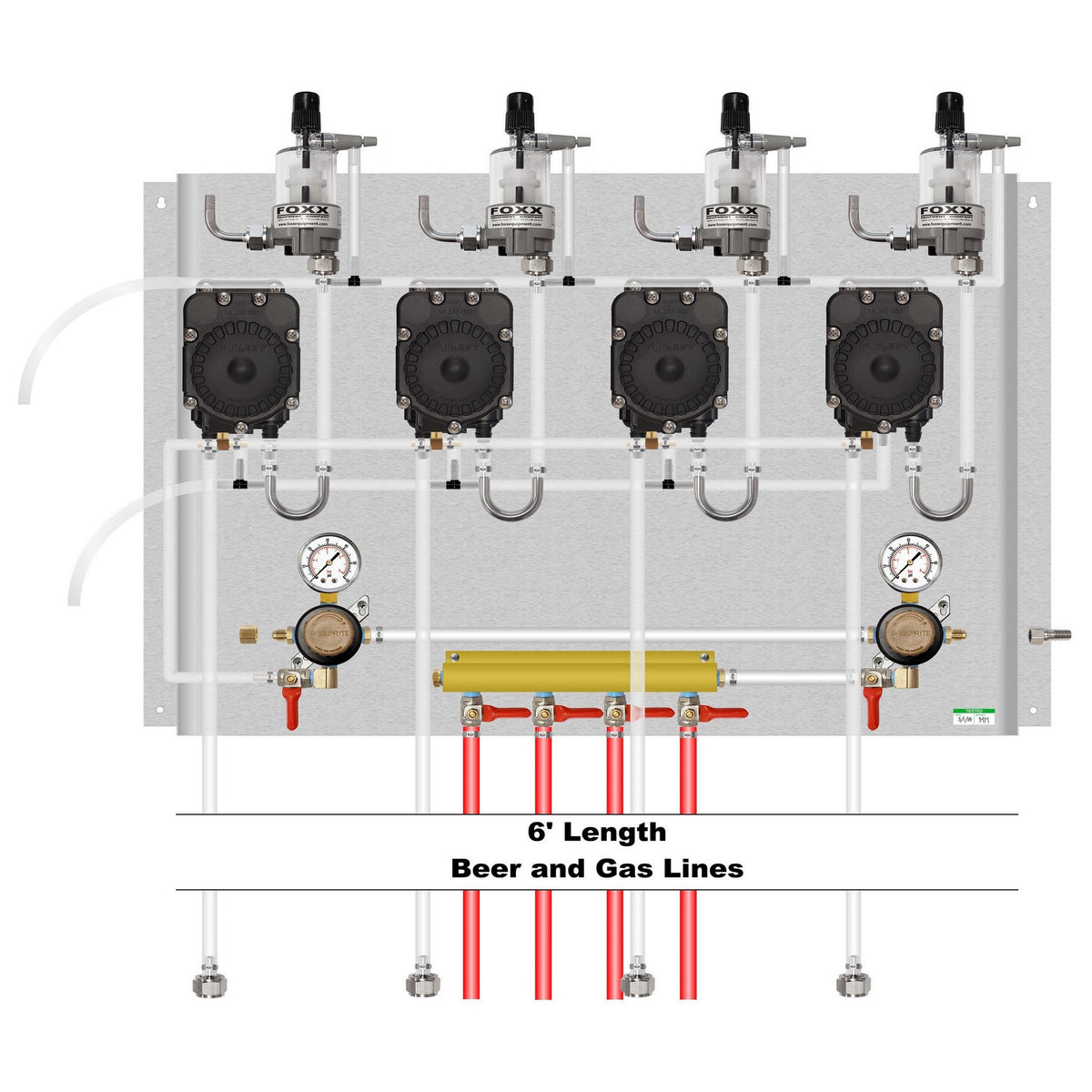 Assembled Panel with Taprite Regulators, 4 Flojet Beer Pumps, 3 FOB, Brackets, Gas & Beer Lines, Fittings