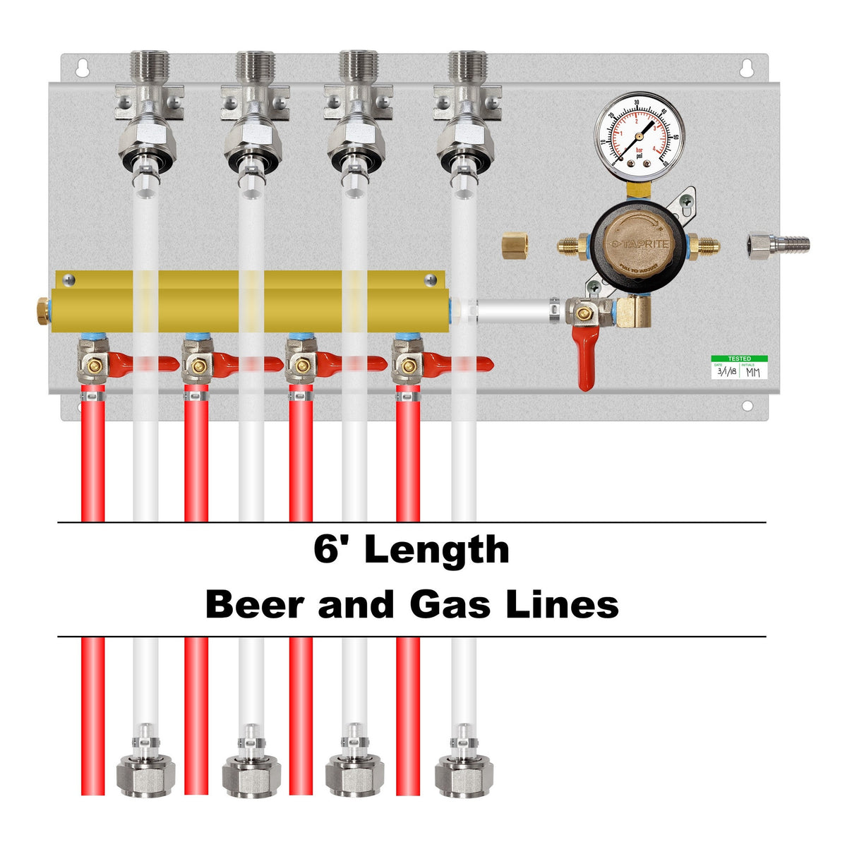 Assembled Panel with 1 Taprite Regulator, 4-Outlet Air Dist, Brackets, Gas & Beer Lines, Fittings
