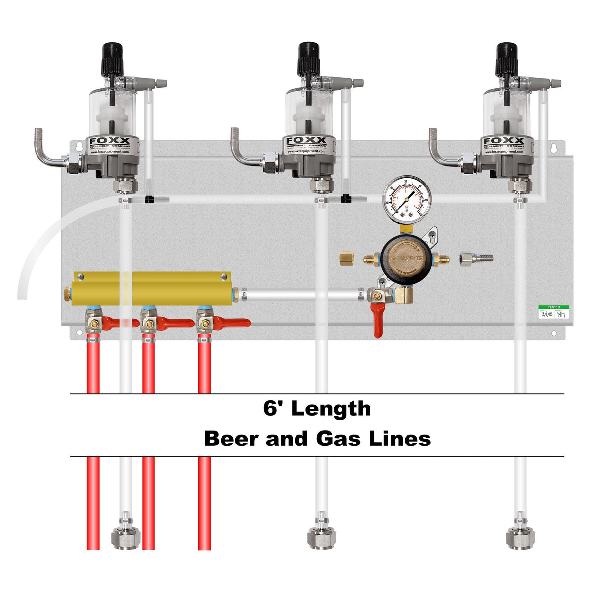 Assembled Panel with 1 Taprite Regulator, 3-Outlet Air Dist, 3 FOB, Brackets, Gas & Beer Lines, Fittings