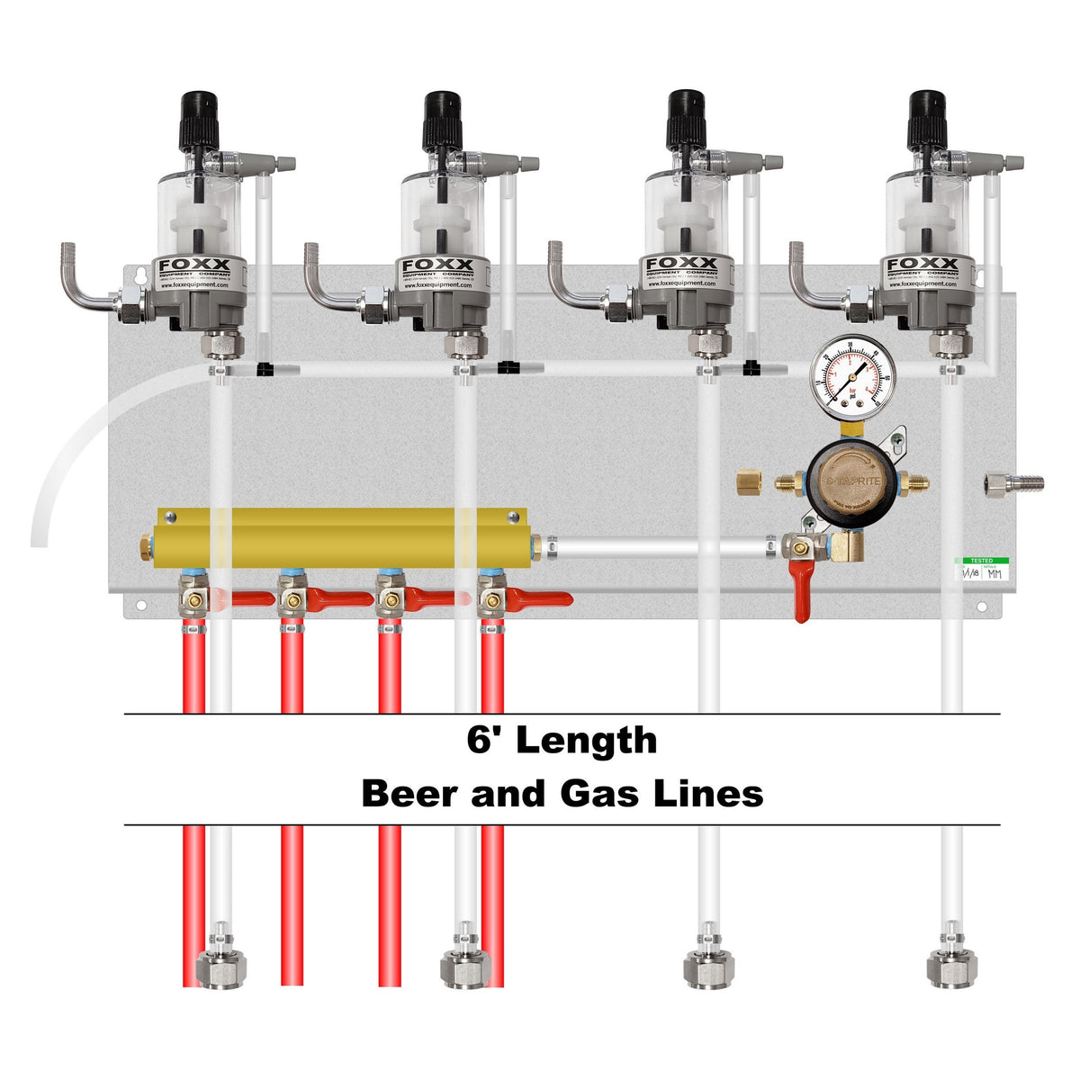 Assembled Panel with 1 Taprite Regulator, 4-Outlet Air Dist, 4 FOB, Brackets, Gas & Beer Lines, Fittings