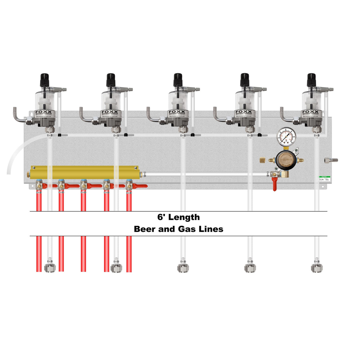 Assembled Panel with 1 Taprite Regulator, 5-Outlet Air Dist, 5 FOB, Brackets, Gas & Beer Lines, Fittings