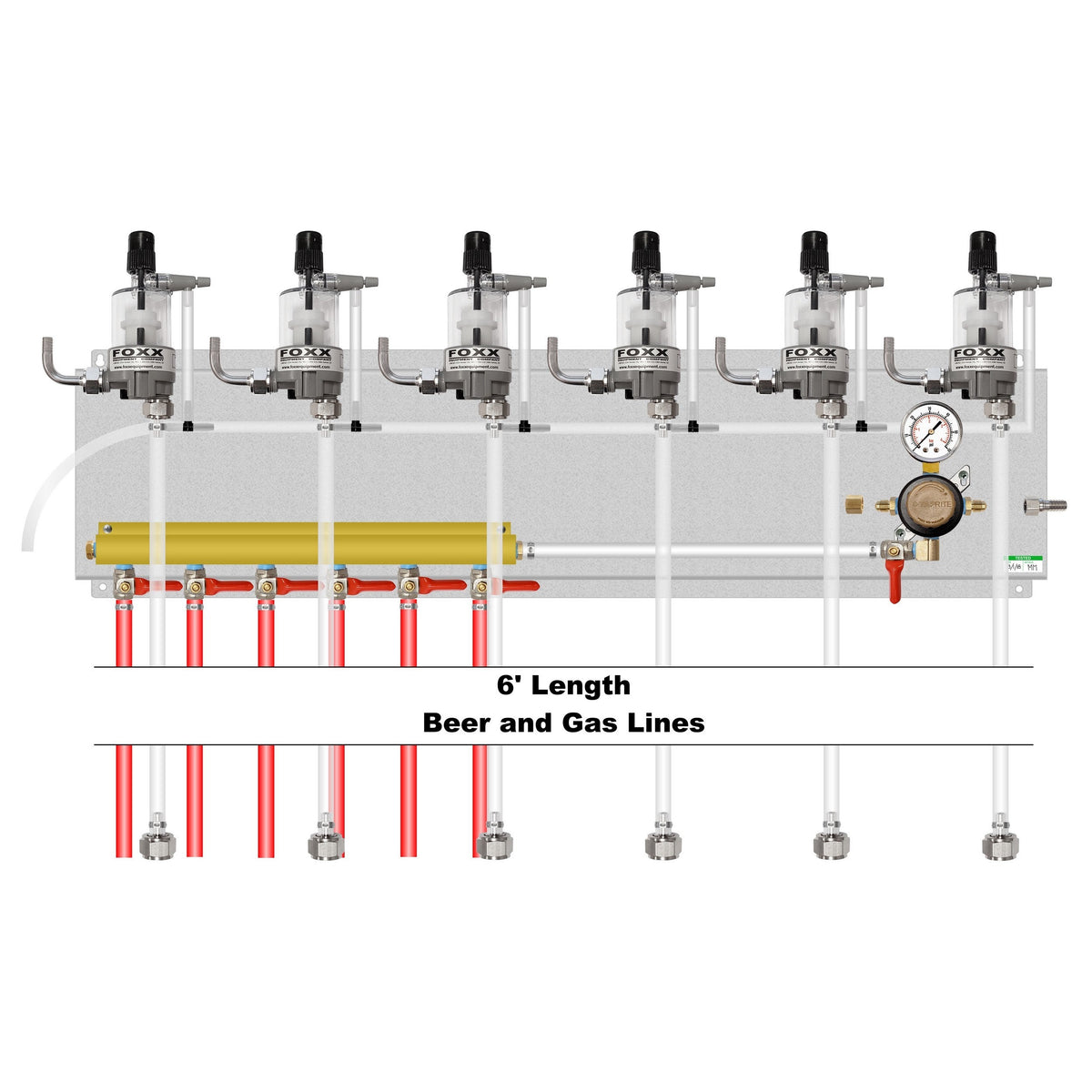 Assembled Panel with 1 Taprite Regulator, 6-Outlet Air Dist, 6 FOB, Brackets, Gas & Beer Lines, Fittings