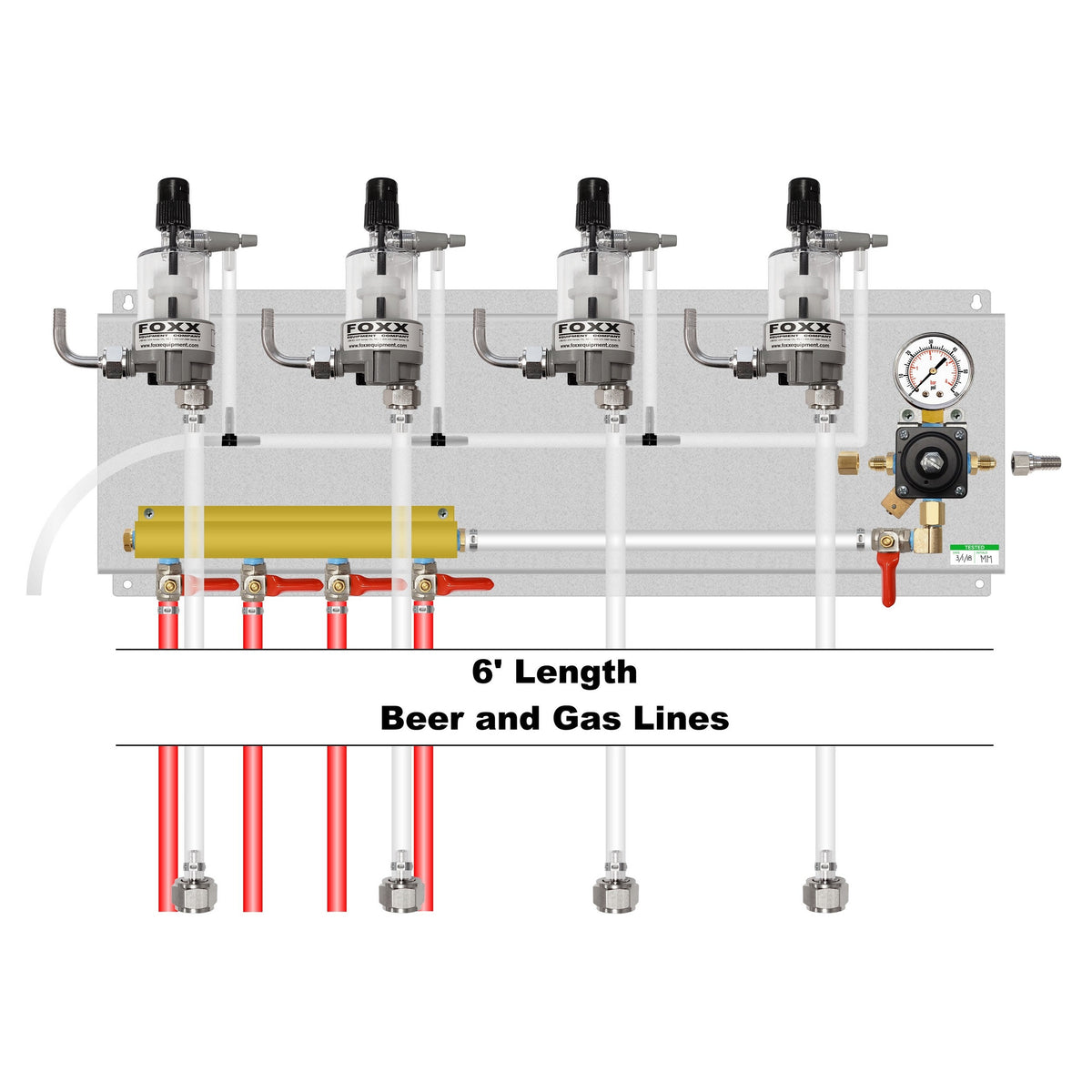 Assembled Panel with 1 Cornelius Regulator, 4-Outlet Air Dist, 4 FOB, Brackets, Gas & Beer Lines, Fittings