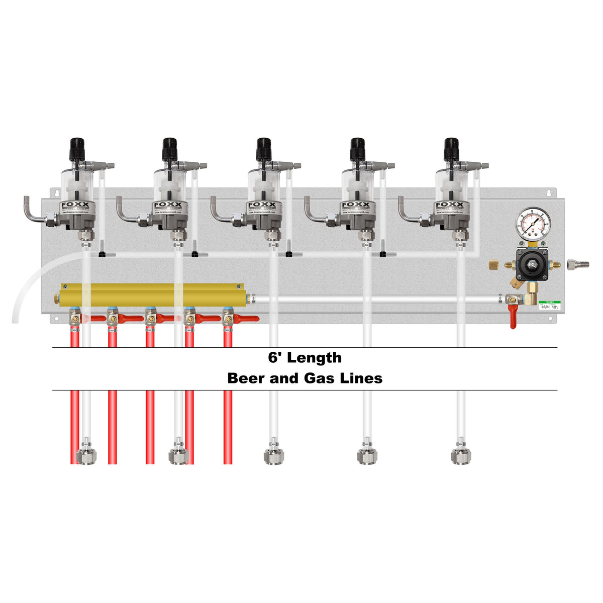 Assembled Panel with 1 Cornelius Regulator, 5-Outlet Air Dist, 5 FOB, Brackets, Gas & Beer Lines, Fittings