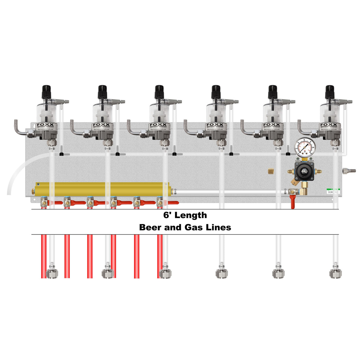 Assembled Panel with 1 Cornelius Regulator, 6-Outlet Air Dist, 6 FOB, Brackets, Gas & Beer Lines, Fittings