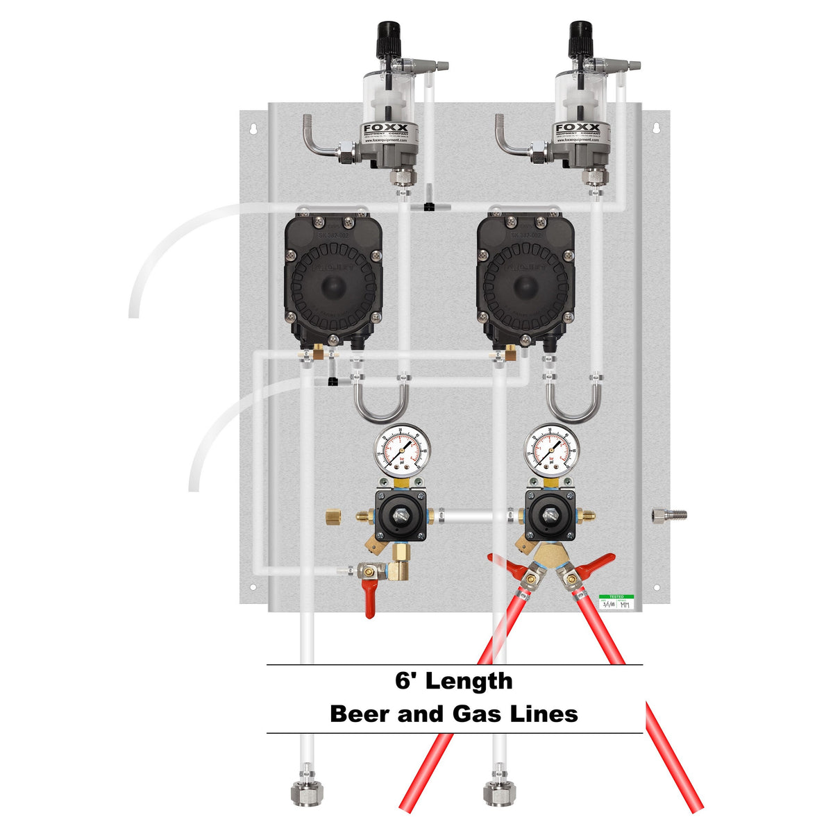 Assembled Panel with 2 Cornelius Regulators, 2 Flojet Pumps, 2 FOB, Gas & Beer Lines, Fittings