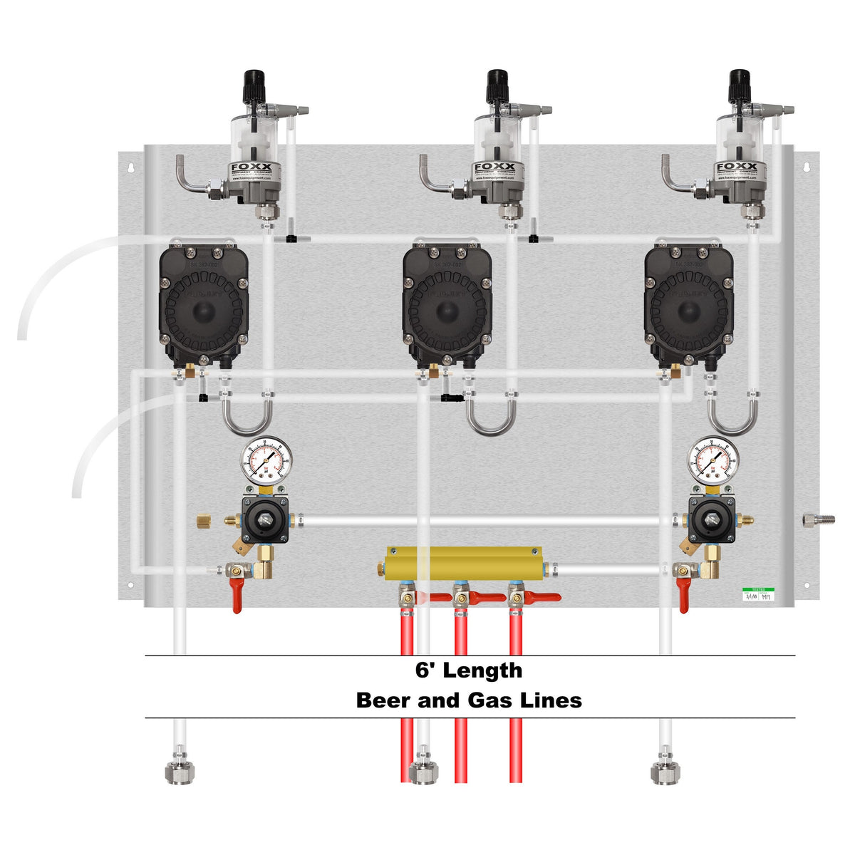Assembled Panel with Cornelius Regulators, 3 Flojet Pumps, 3 FOB, Brackets, Gas & Beer Lines, Fittings