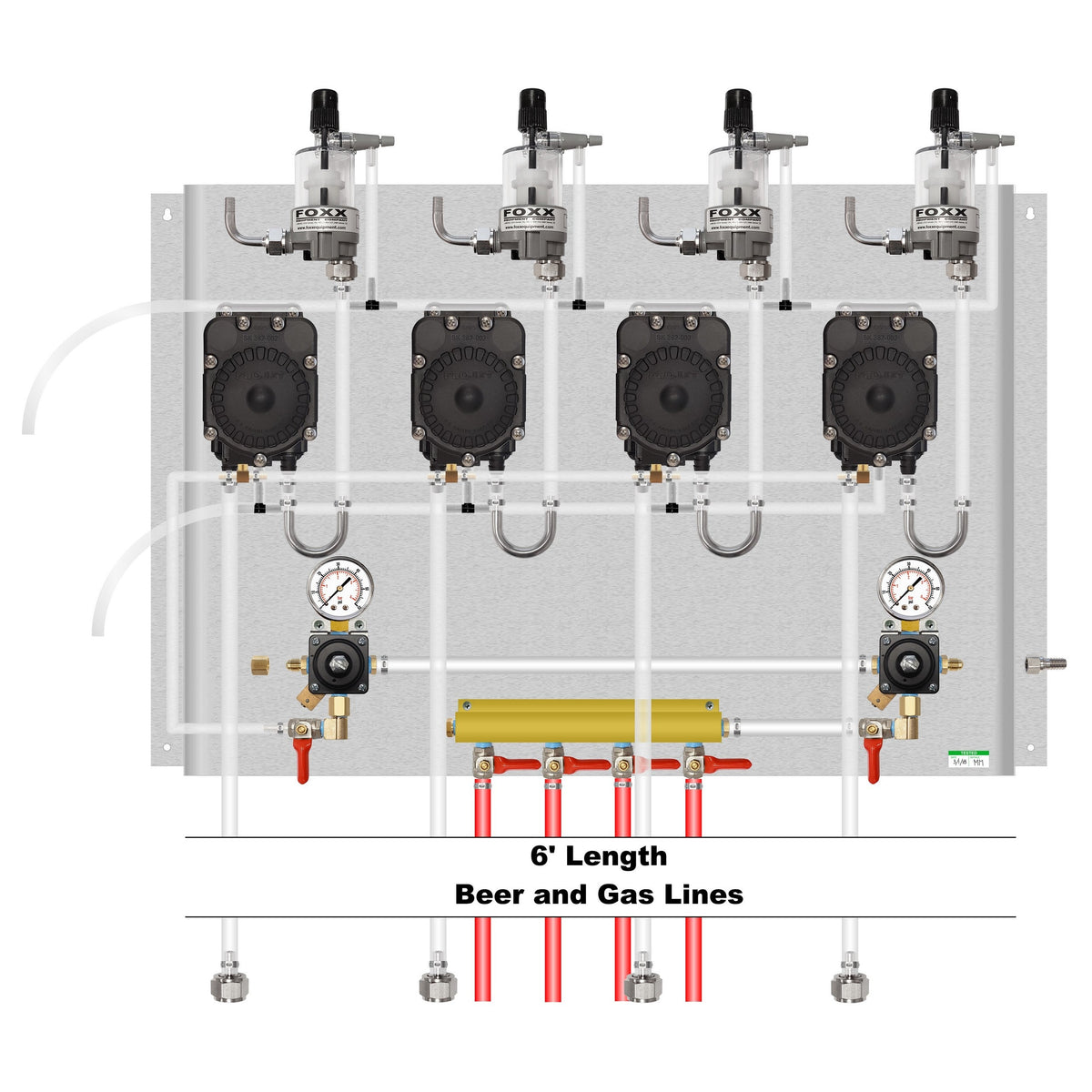 Assembled Panel with Cornelius Regulators, 4 Flojet Pumps, 4 FOB, Brackets, Gas & Beer Lines, Fittings