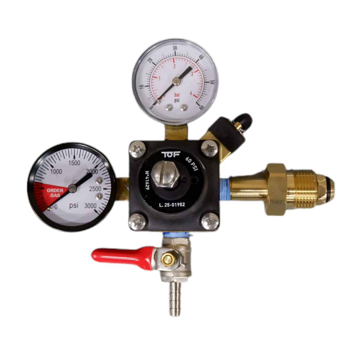 TOF N2 Regulator, Dual Gauge, 60 PSI, 1/4" Barb Shutoff With Check Valve