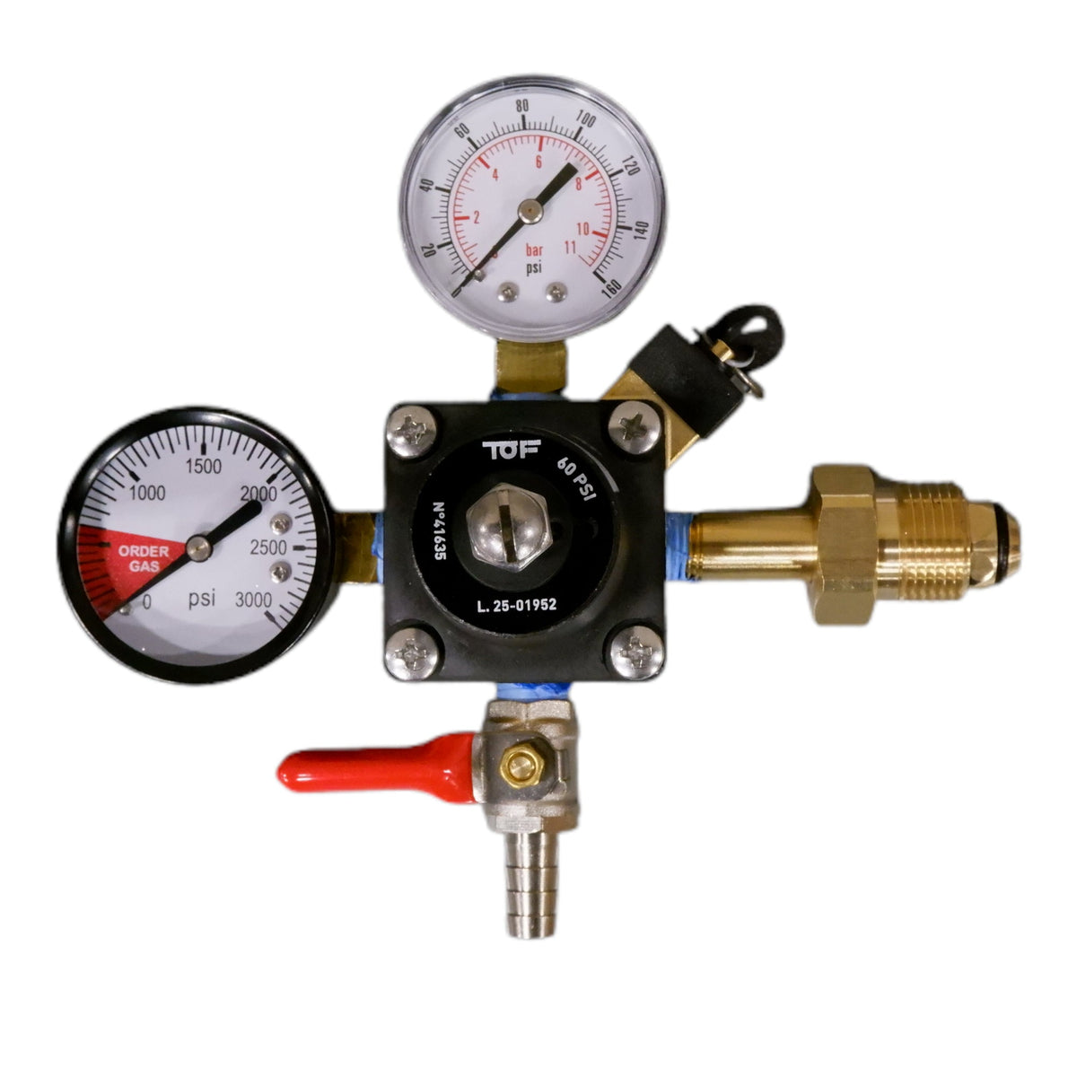 TOF N2 Regulator, Dual Gauge, 60 PSI, 3/8" Barb Shutoff With Check Valve