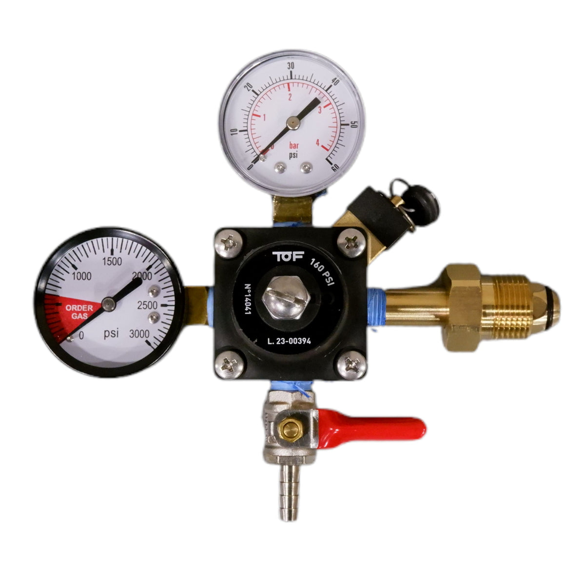 TOF N2 Regulator, Dual Gauge, 160 PSI, 1/4" Barb Shutoff With Check Valve