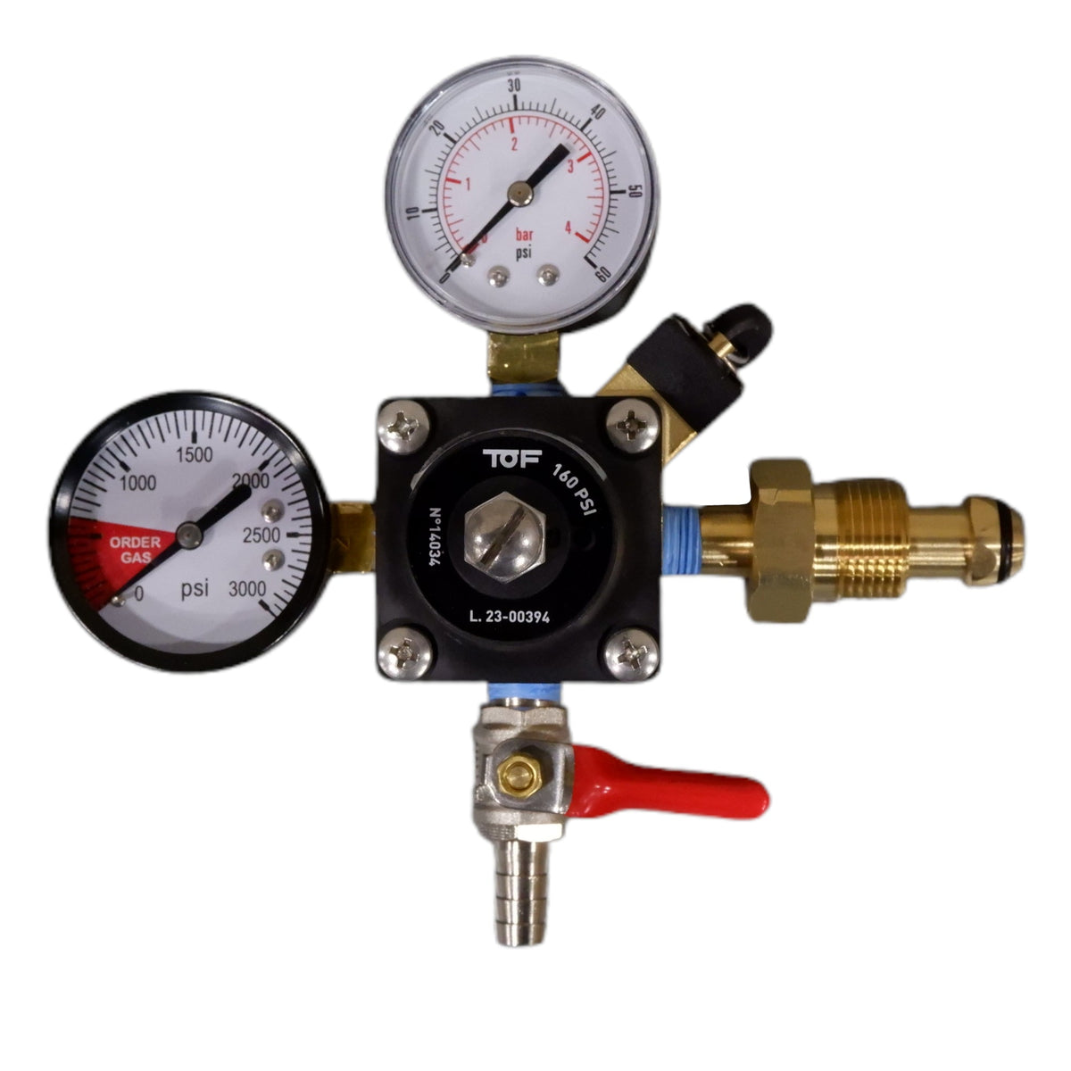 TOF N2 Regulator, Dual Gauge, 160 PSI, 3/8" Barb Shutoff With Check Valve
