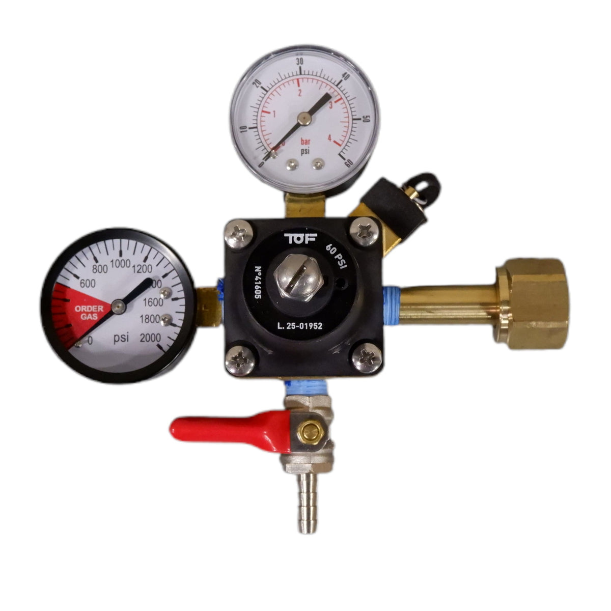 TOF CO2 Regulator, Dual Gauge, 60 PSI, 1/4" Barb Shutoff With Check Valve