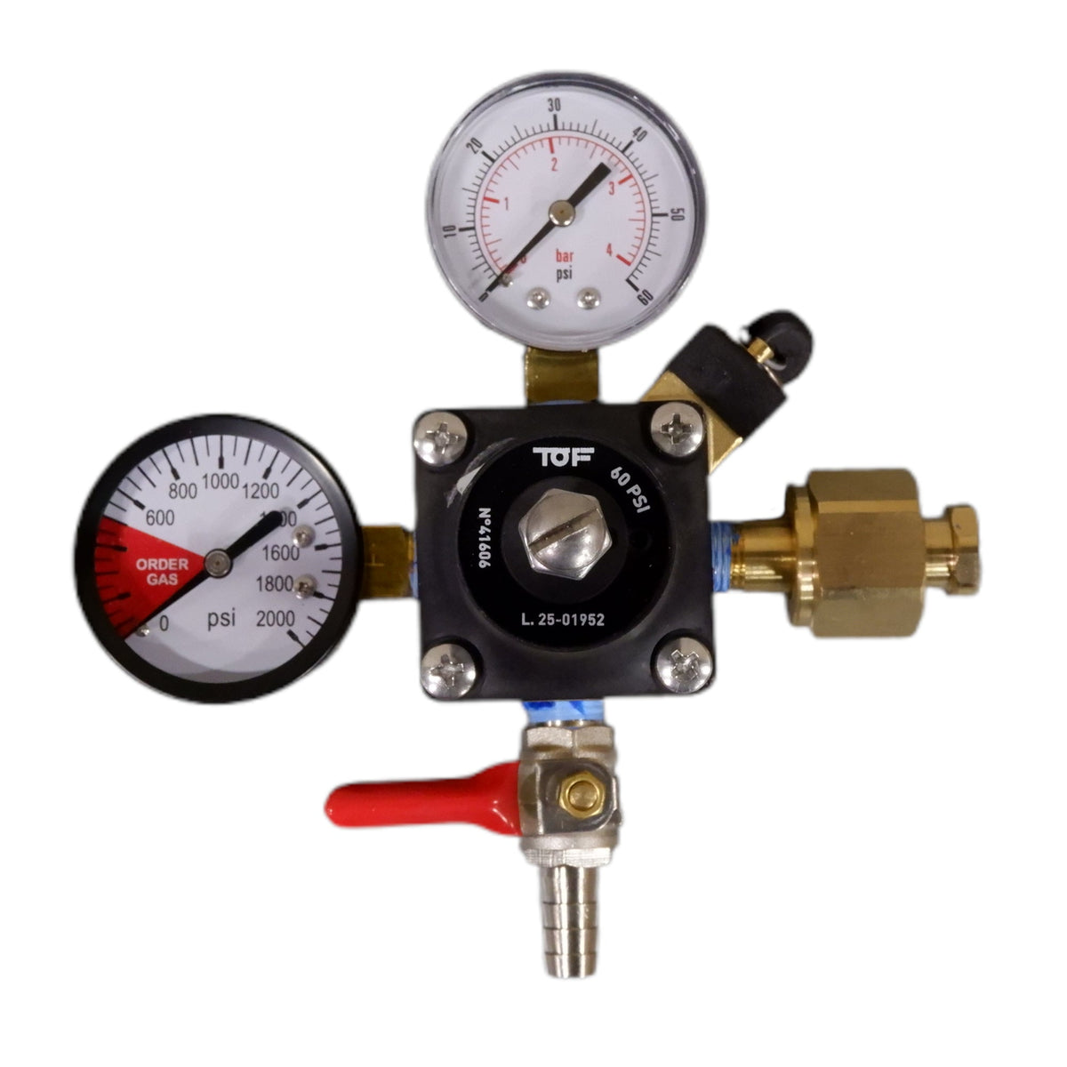 TOF CO2 Regulator, Dual Gauge, 60 PSI, 3/8" Barb Shutoff With Check Valve