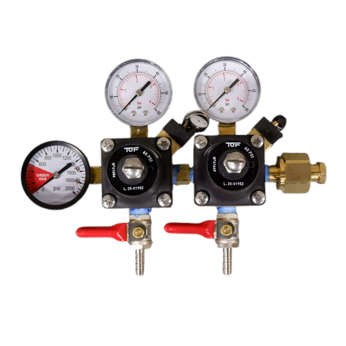 TOF Double CO2 Regulator, Dual Gauge, 60 PSI, 1/4" Barb Shutoff With Check Valve