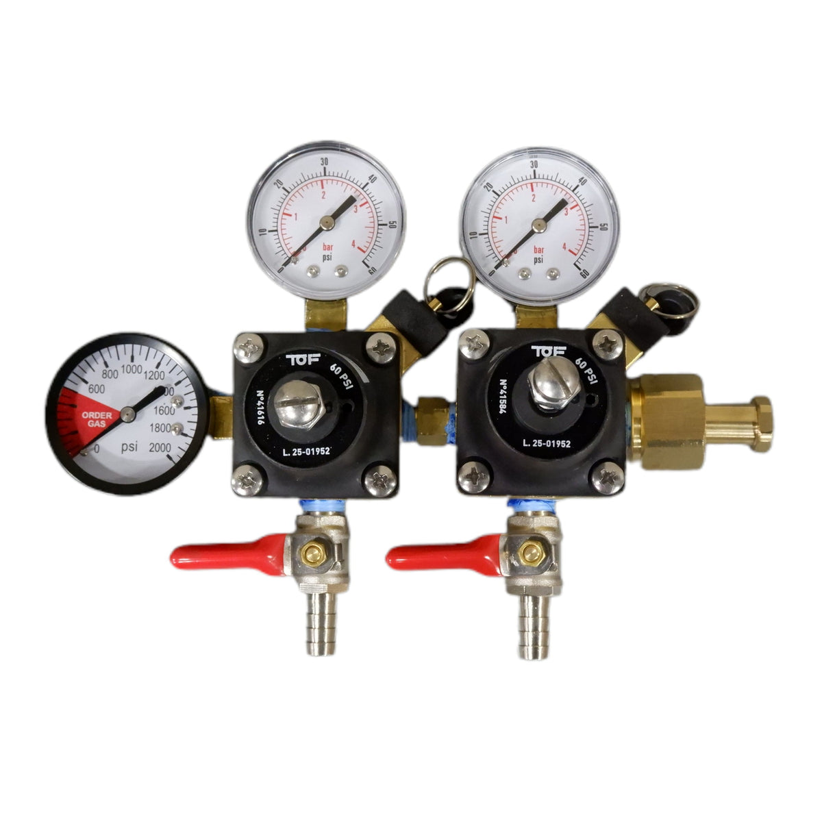 TOF Double CO2 Regulator, Dual Gauge, 60 PSI, 3/8" Barb Shutoff With Check Valve