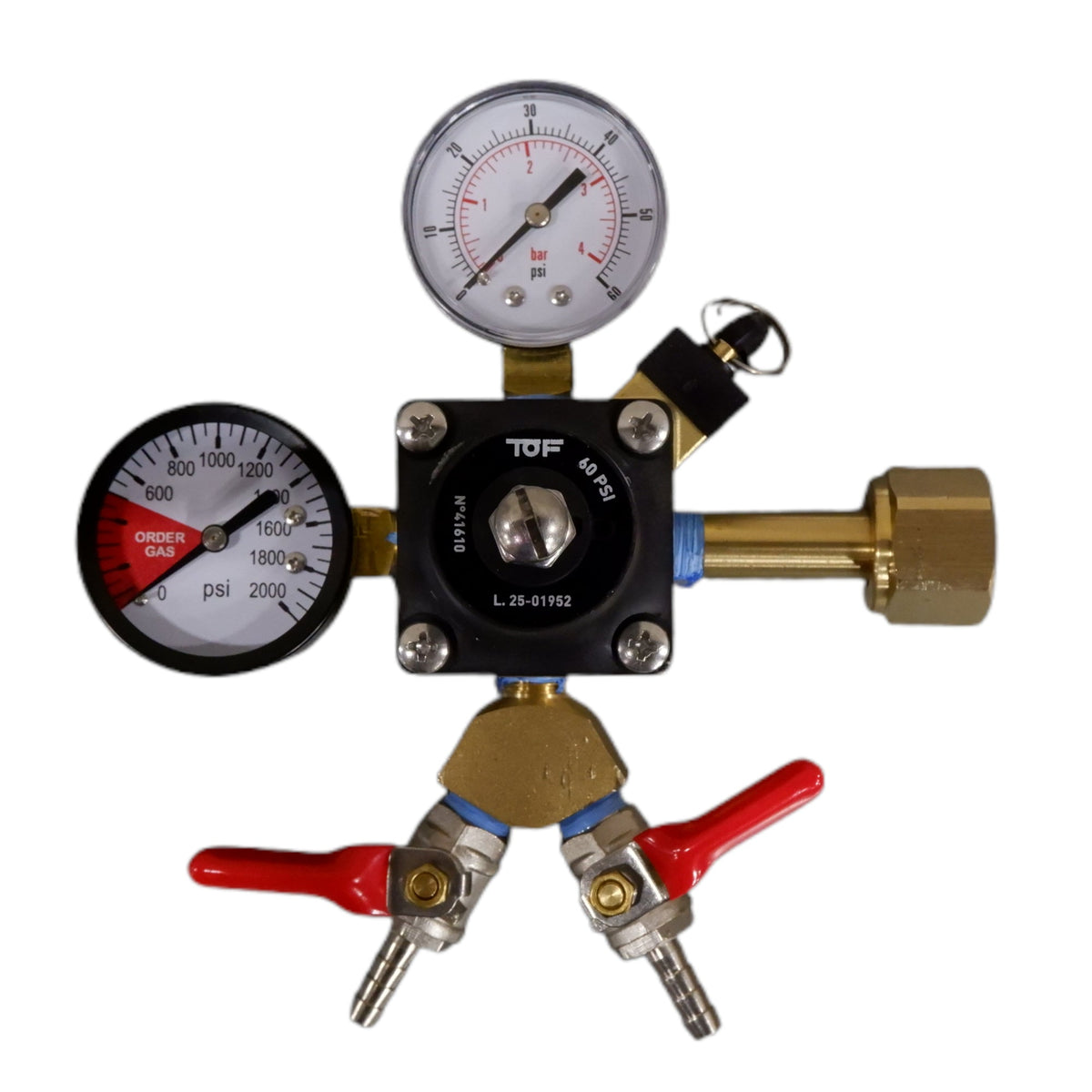 TOF CO2 Regulator with Y Fitting, Dual Gauge, 60 PSI, 1/4" Barb Shutoff With Check Valve