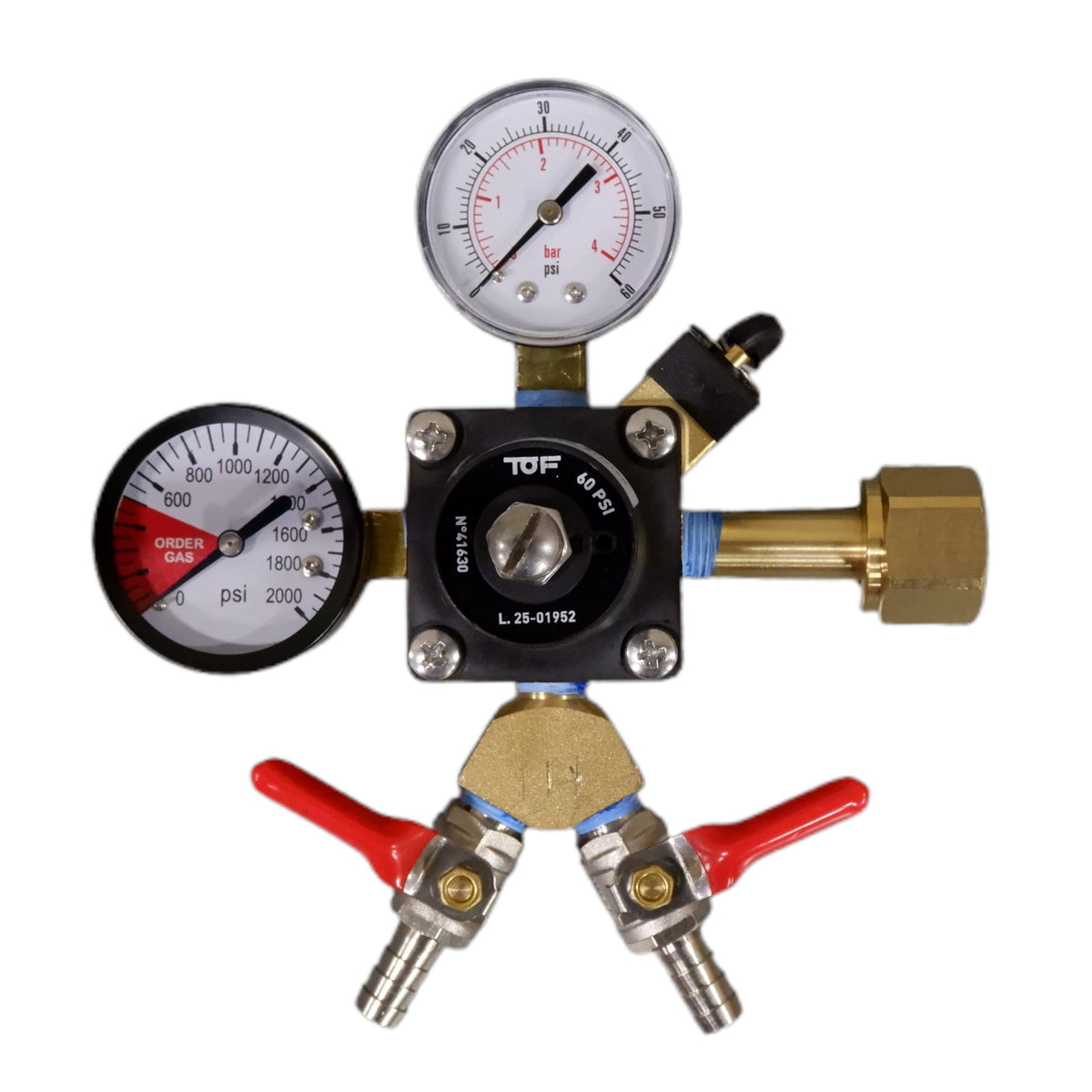 TOF CO2 Regulator with Y Fitting, Dual Gauge, 60 PSI, 3/8" Barb Shutoff With Check Valve