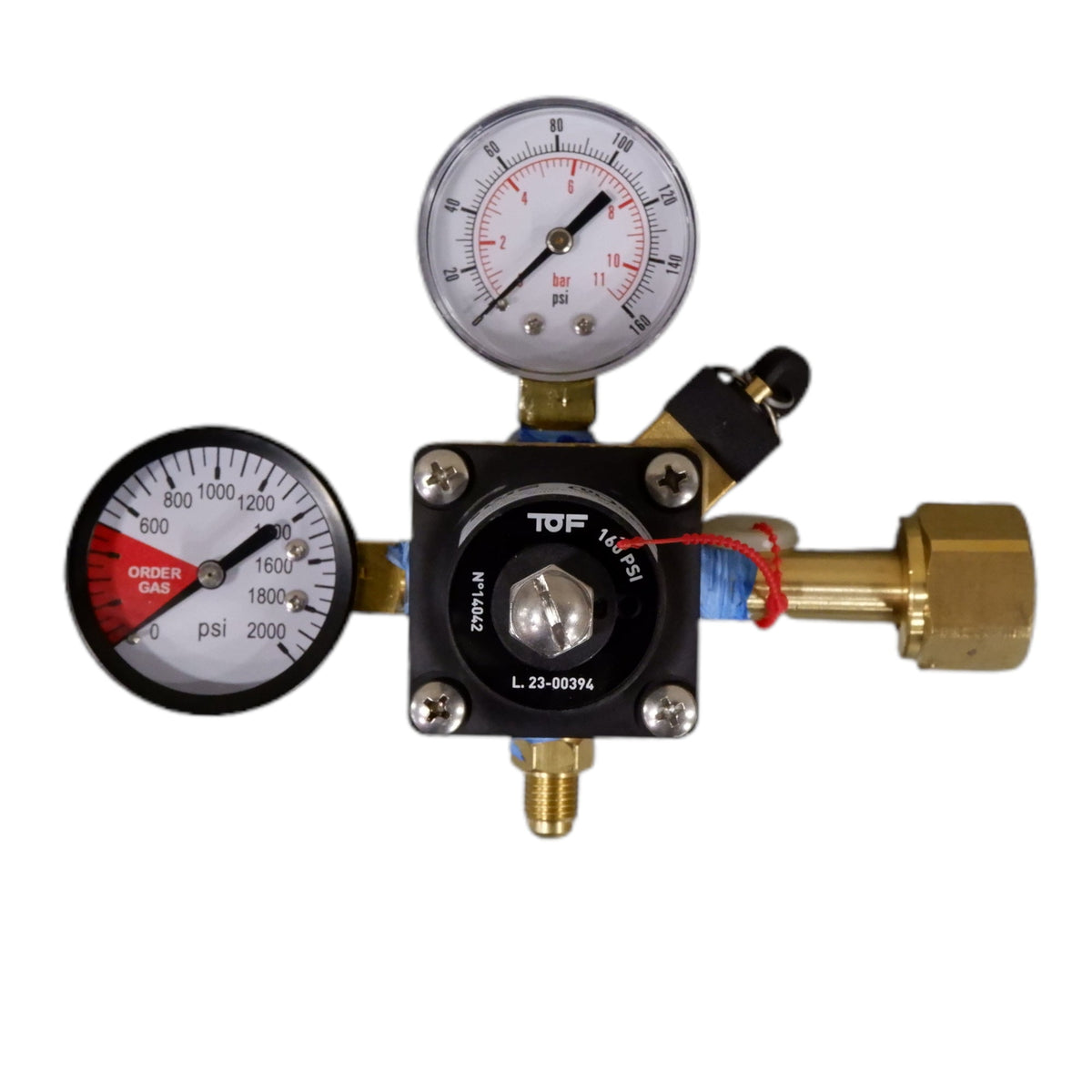 TOF CO2 Regulator, Dual Gauge, 160 PSI, 1/4" Male Flared Shutoff With Check Valve