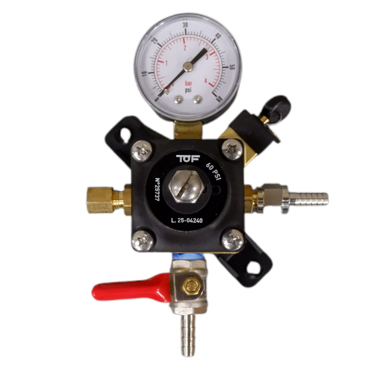 TOF Secondary/Pass Thru Regulator, Dual Gauge, 60 PSI, 1/4" Barb Shutoff With Check Valve