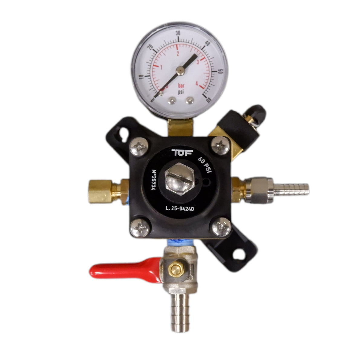 TOF Secondary/Pass Thru Regulator, Dual Gauge, 60 PSI, 3/8" Barb Shutoff With Check Valve
