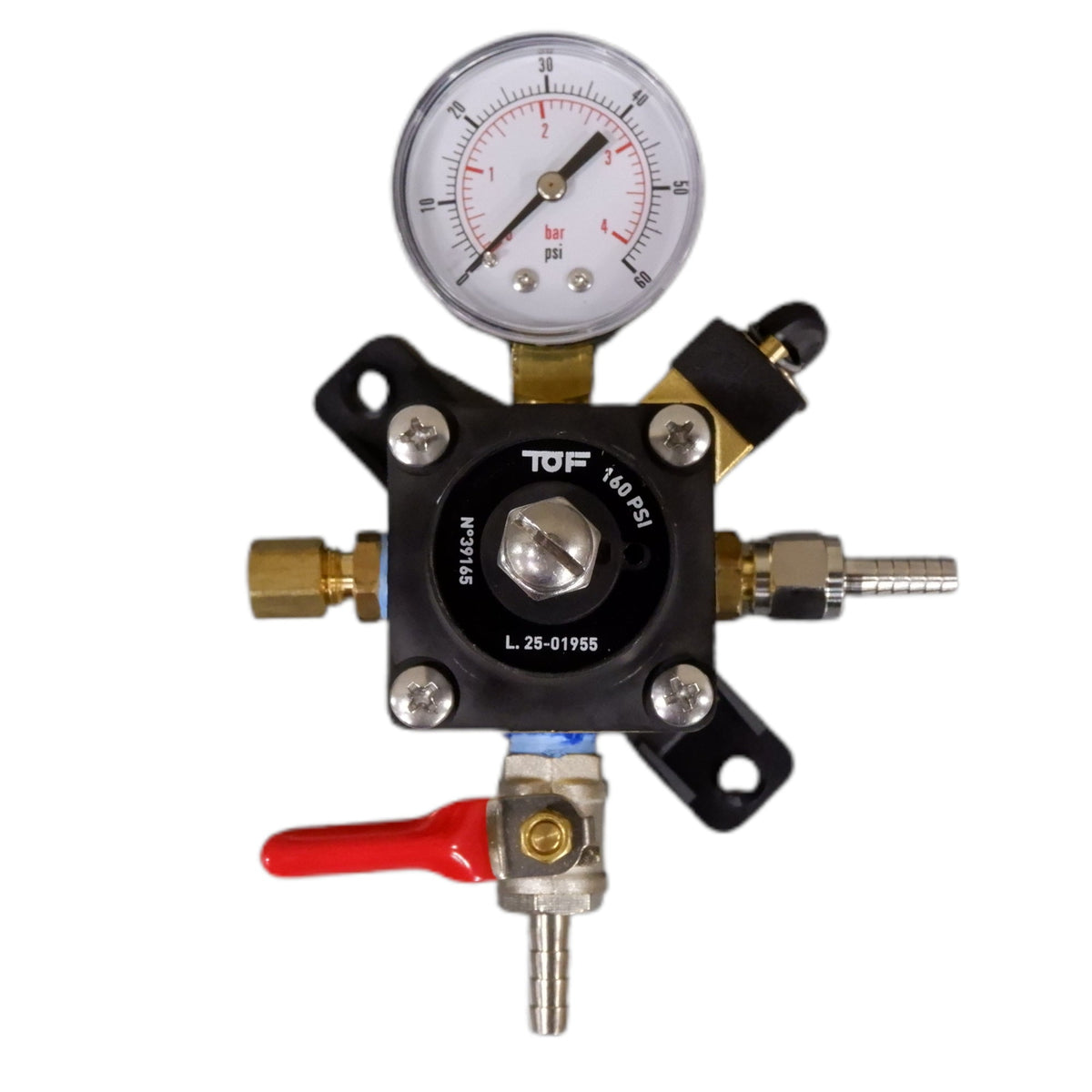 TOF Secondary/Pass Thru Regulator, Dual Gauge, 160 PSI, 1/4" Barb Shutoff With Check Valve