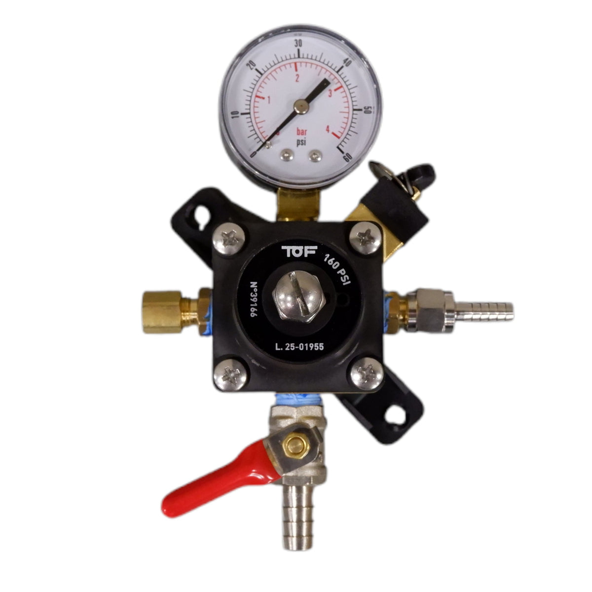 TOF Secondary/Pass Thru Regulator, Dual Gauge, 160 PSI, 3/8" Barb Shutoff With Check Valve