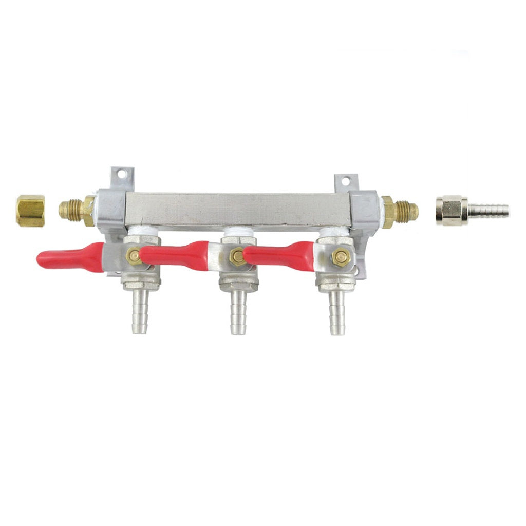 Brass Air Distribution, 3-Out 3/8" Ball Shutoff No Check Valve