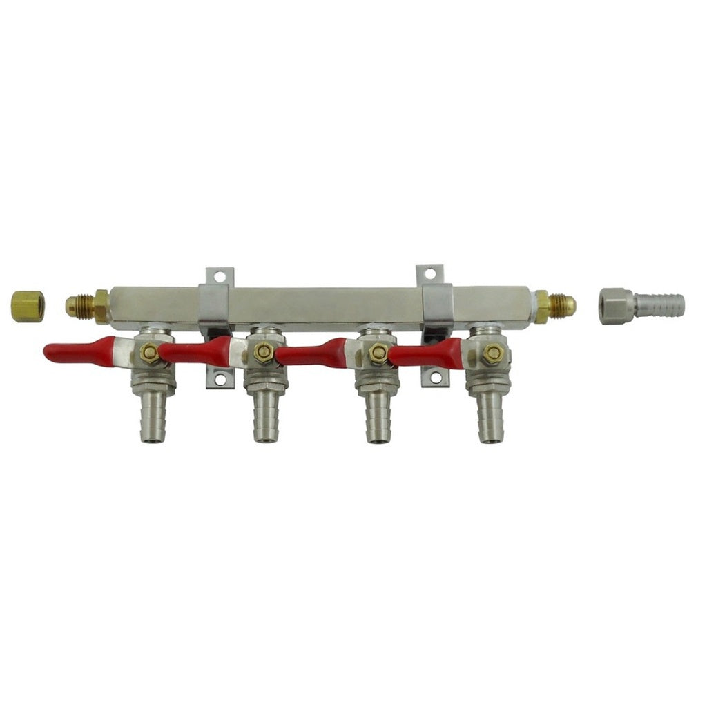 Brass Air Distribution, 4-Out 3/8" Ball Shutoff With Check Valve