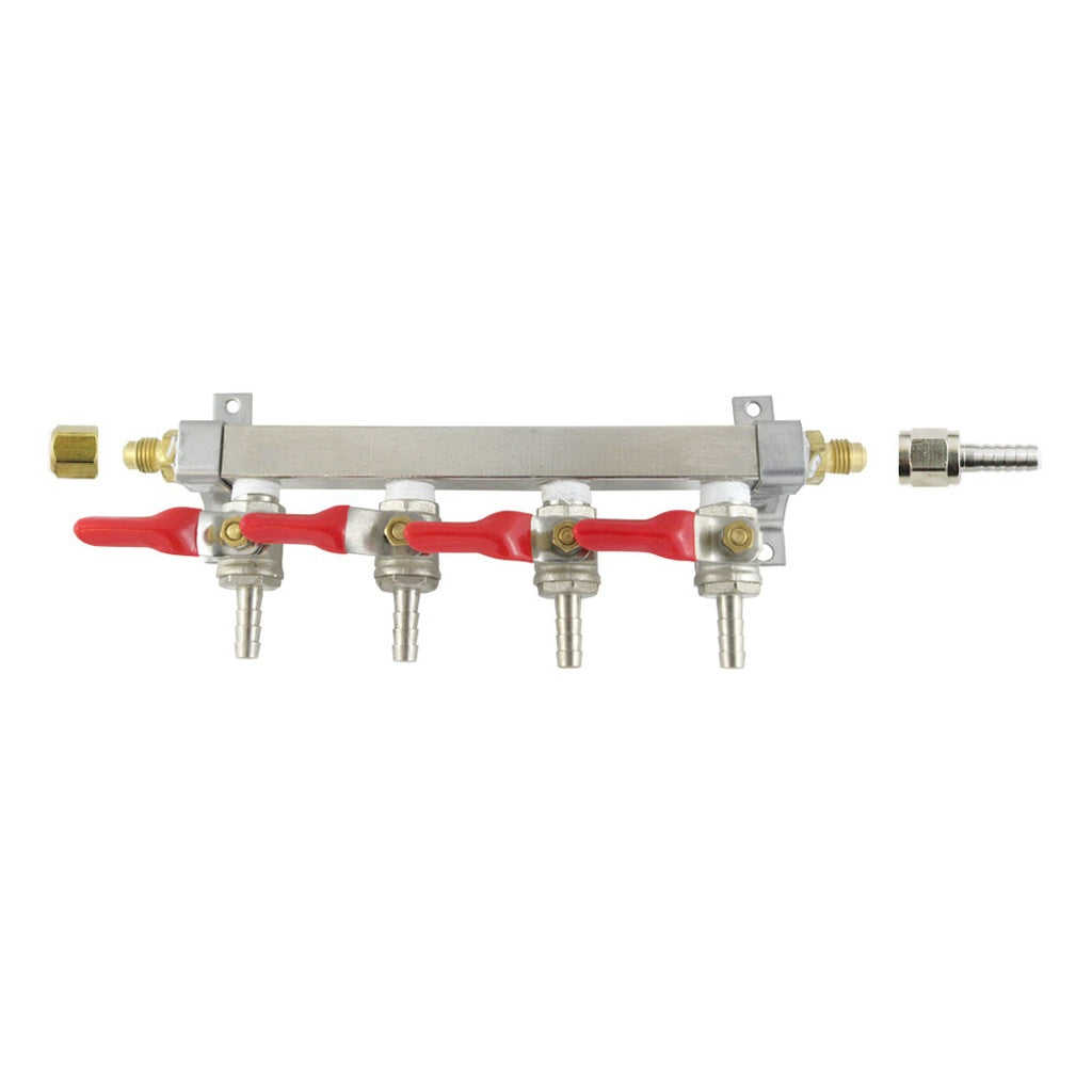 Brass Air Distribution, 4-Out 1/4" Ball Shutoff With Check Valve