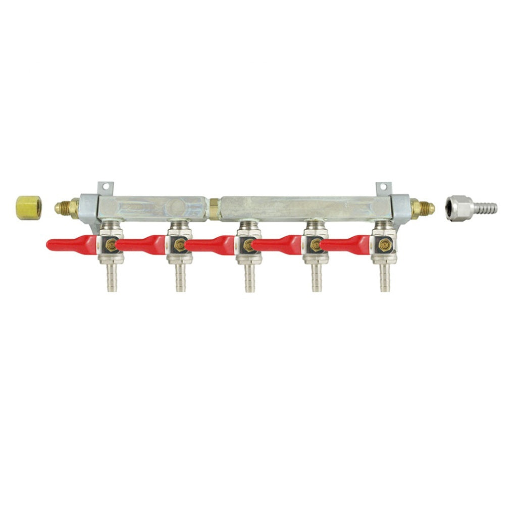 Brass Air Distribution, 5-Out 1/4" Ball Shutoff With Check Valve