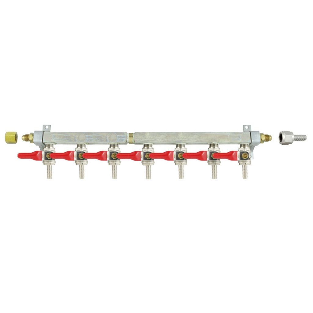Brass Air Distribution, 7-Out 1/4" Ball Shutoff With Check Valve
