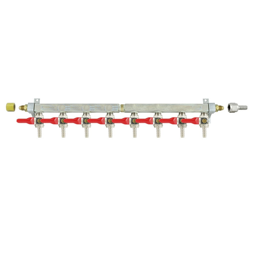 Brass Air Distribution, 8-Out 1/4" Ball Shutoff With Check Valve