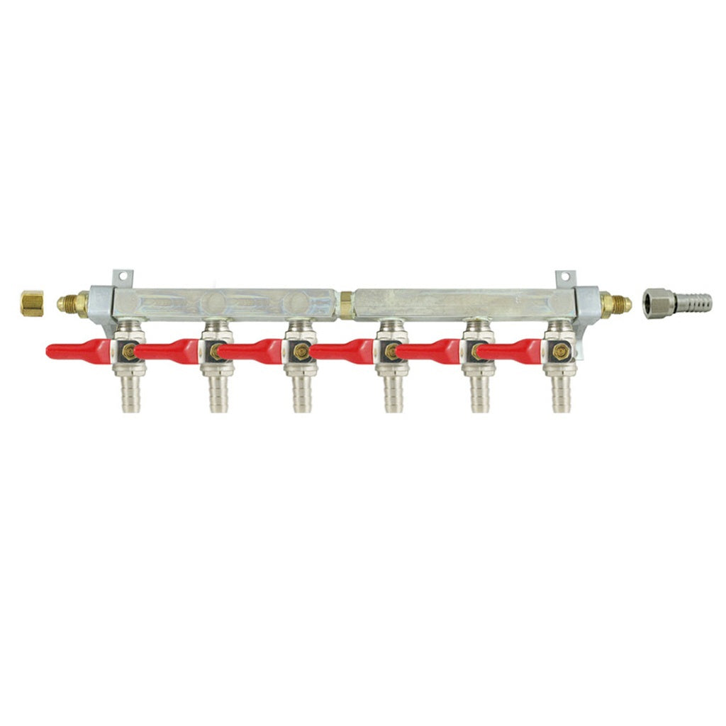 Brass Air Distribution, 6-Out 3/8" Ball Shutoff No Check Valve