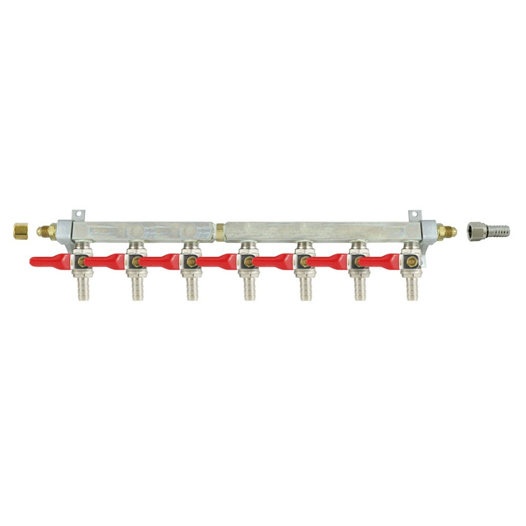 Brass Air Distribution, 7-Out 3/8" Ball Shutoff No Check Valve
