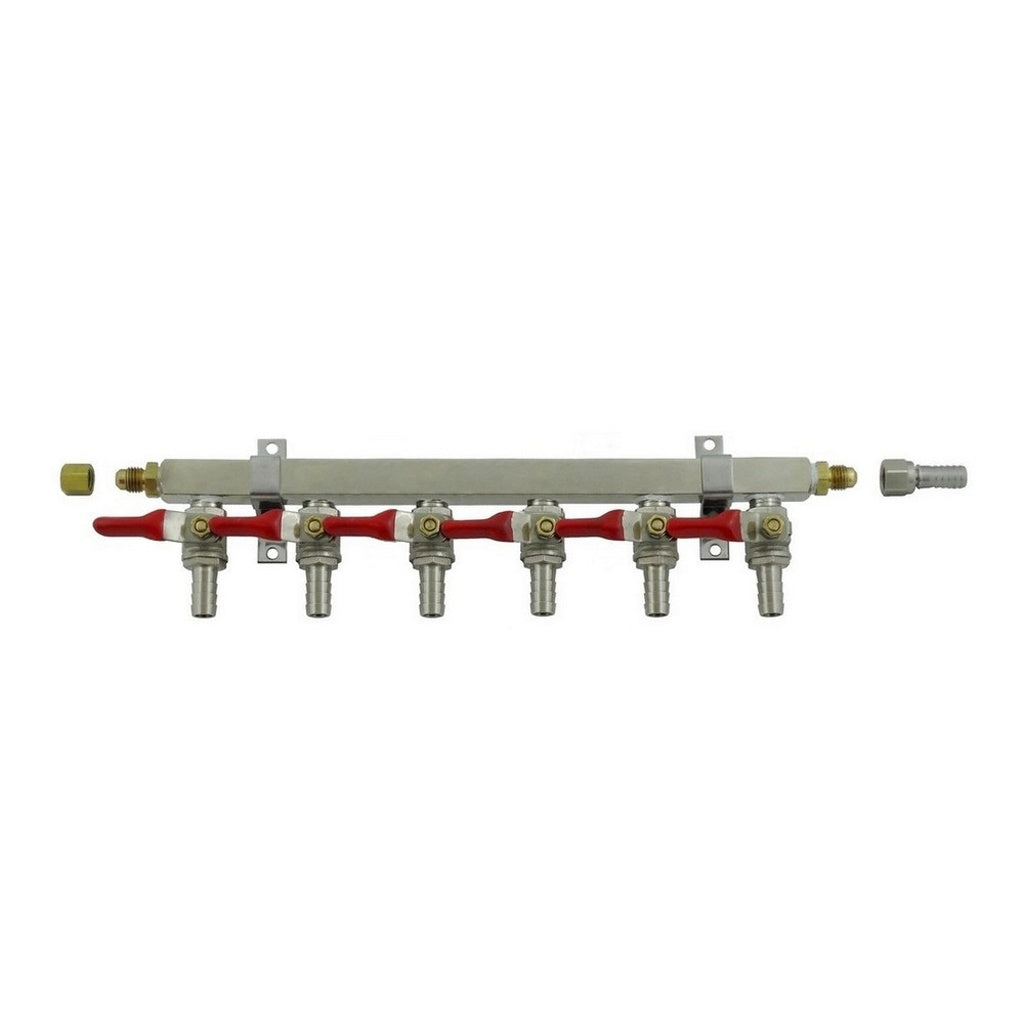 Brass Air Distribution, 6-Out 3/8" Ball Shutoff With Check Valve