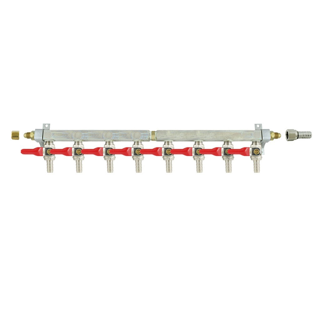 Brass Air Distribution, 8-Out 3/8" Ball Shutoff With Check Valve