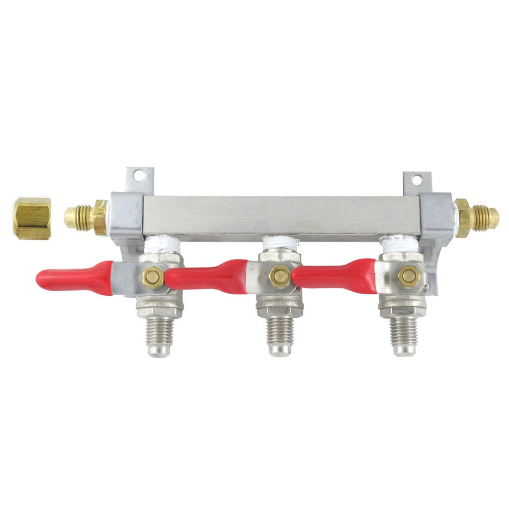 Brass Air Distribution, 3-Out 1/4" Male Flare-Shutoff With Check Valve