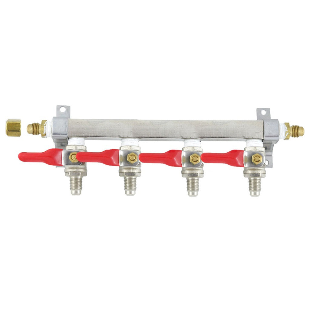Brass Air Distribution, 4-Out 1/4" Male Flare-Shutoff No Check Valve