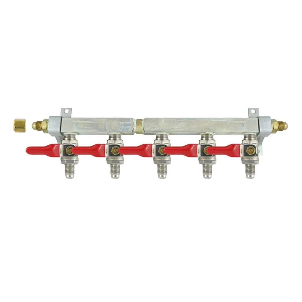 Brass Air Distribution, 5-Out 1/4" Male Flare-Shutoff No Check Valve