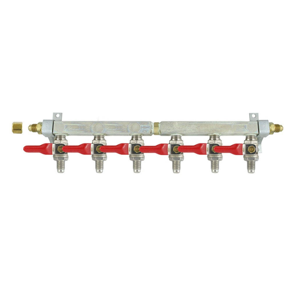 Brass Air Distribution, 6-Out 1/4" Male Flare-Shutoff No Check Valve
