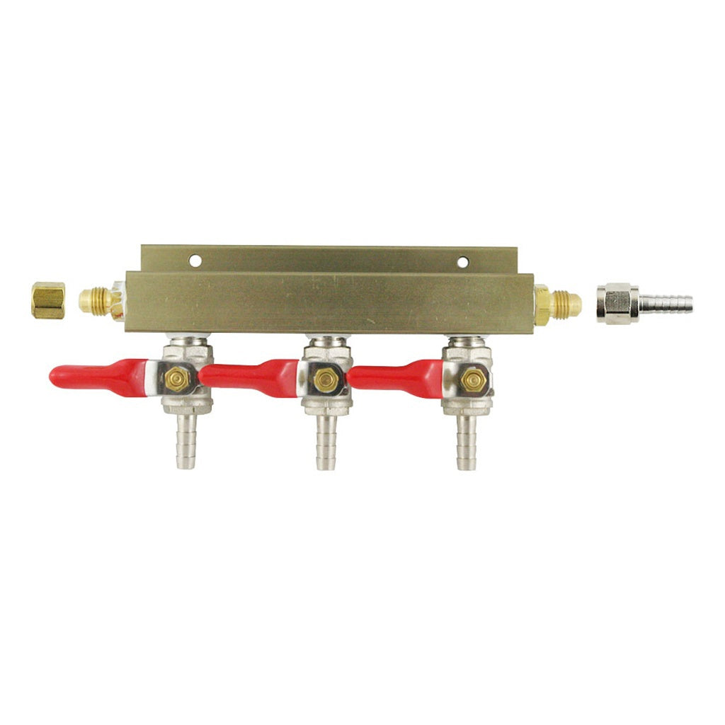 Aluminum Air Distribution, 3-Out 1/4" Ball Shutoff With Check Valve