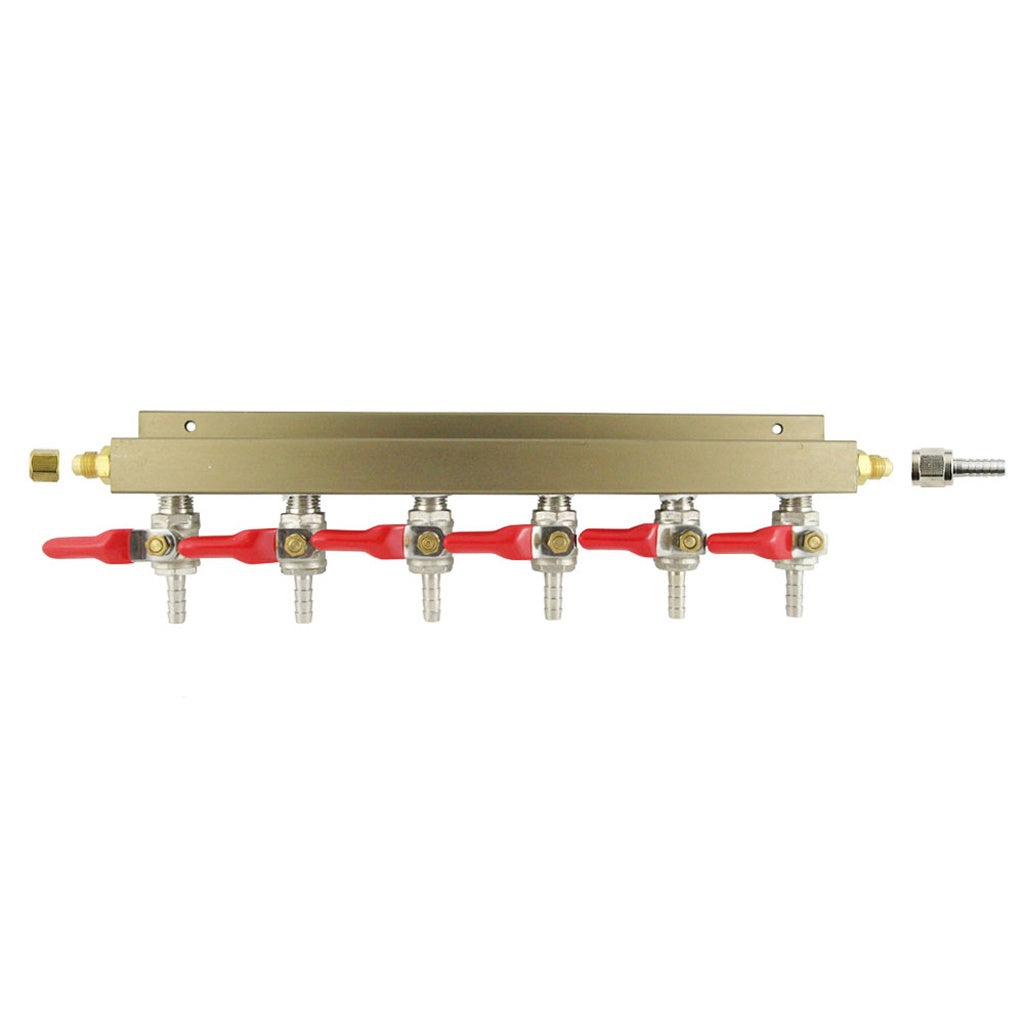 Aluminum Air Distribution, 6-Out 1/4" Ball Shutoff With Check Valve