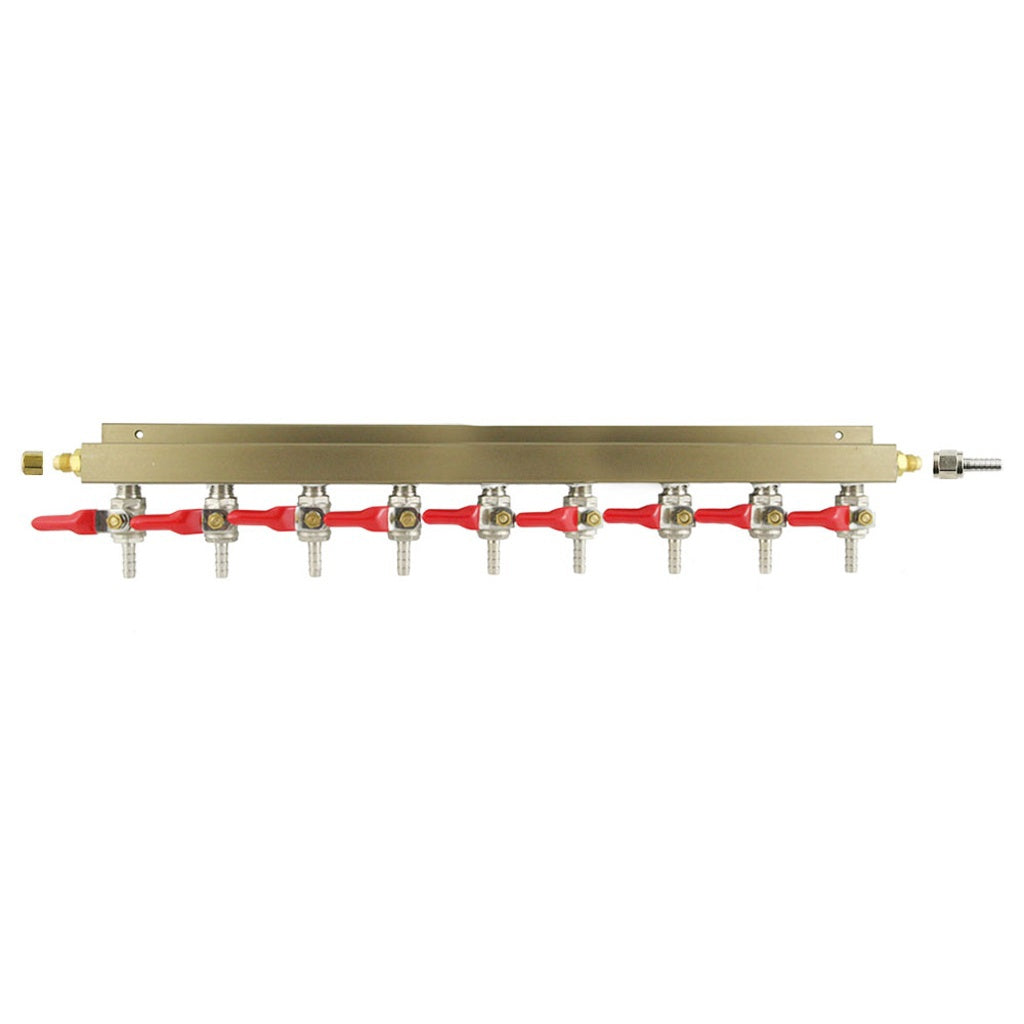 Aluminum Air Distribution, 9-Out 1/4" Ball Shutoff With Check Valve