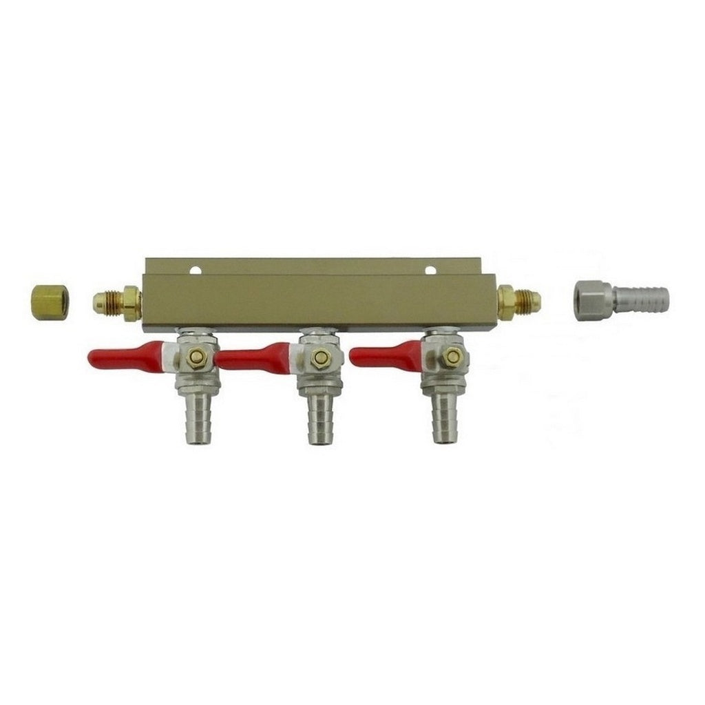 Aluminum Air Distribution, 3-Out 3/8" Ball Shutoff With Check Valve