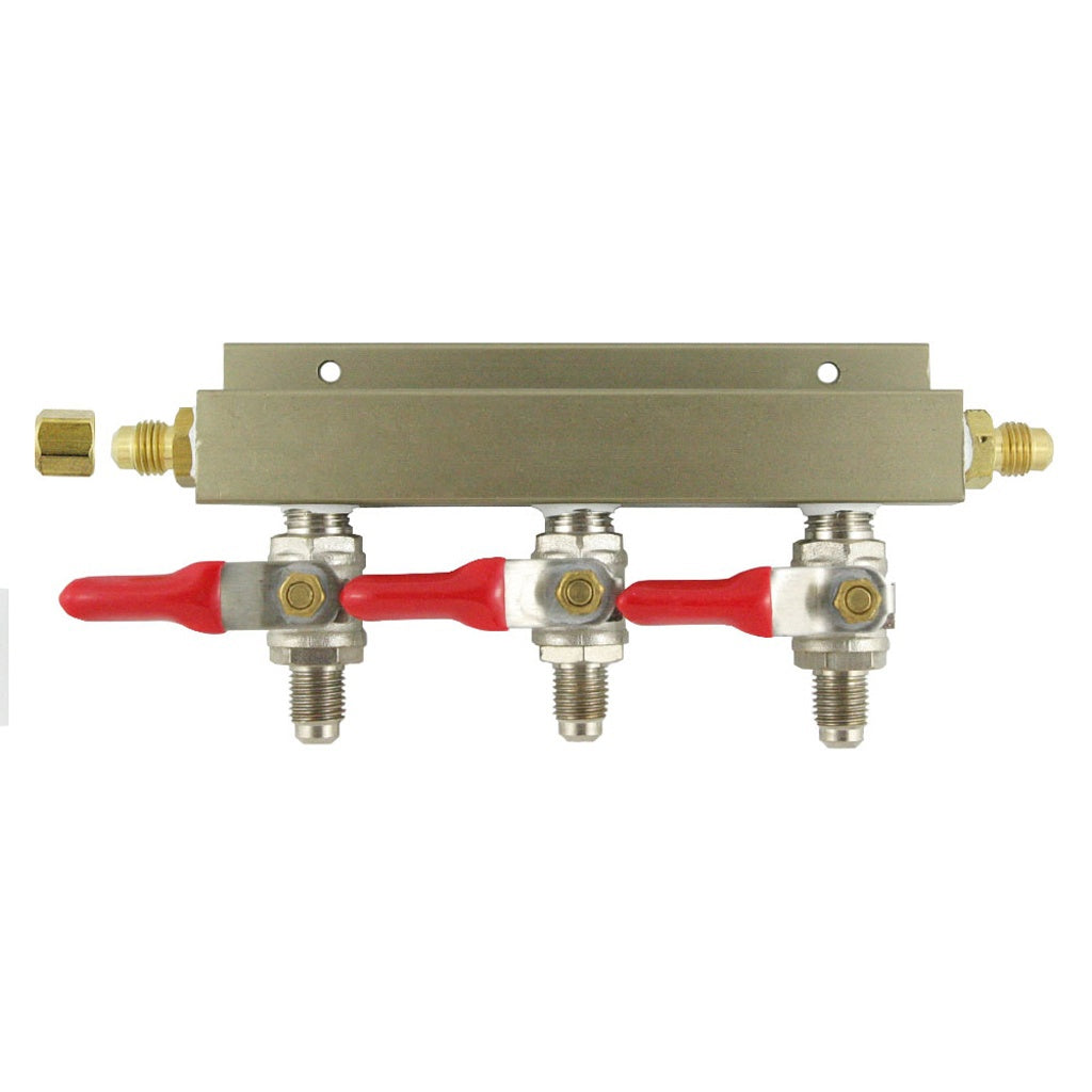 Aluminum Air Distribution, 3-Out 1/4" Male Flare-Shutoff With Check Valve