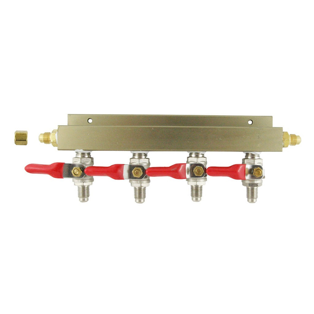 Aluminum Air Distribution, 4-Out 1/4" Male Flare-Shutoff With Check Valve